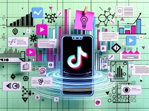 Moderne Illustration eines Smartphones mit TikTok-App, umgeben von Notizzetteln, Diagrammen, Social-Media-Icons und Analysedaten auf urbanem Hintergrund.