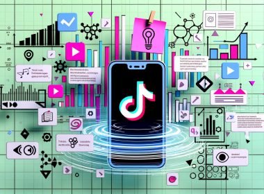 Moderne Illustration eines Smartphones mit TikTok-App, umgeben von Notizzetteln, Diagrammen, Social-Media-Icons und Analysedaten auf urbanem Hintergrund.
