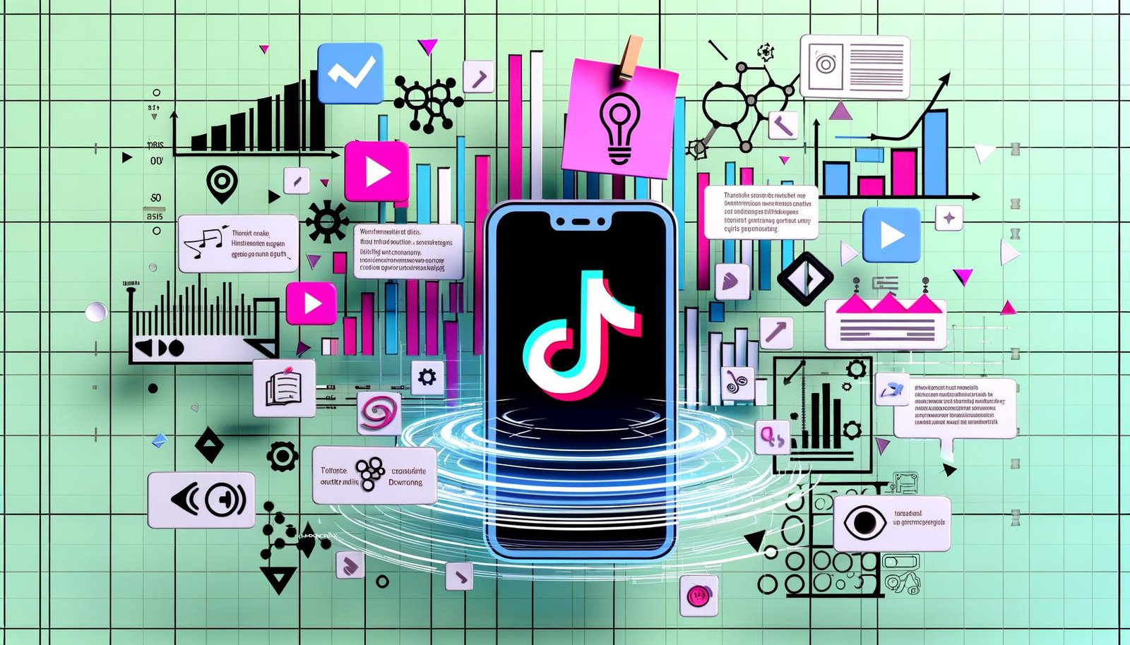 Moderne Illustration eines Smartphones mit TikTok-App, umgeben von Notizzetteln, Diagrammen, Social-Media-Icons und Analysedaten auf urbanem Hintergrund.