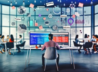 Marketer an Schreibtisch mit zwei Bildschirmen, Quora-Dashboard, nativer Anzeige im Quora-Feed, Sticky Notes zu Storytelling, Targeting und Performance, Kollegen im modernen Office-Hintergrund