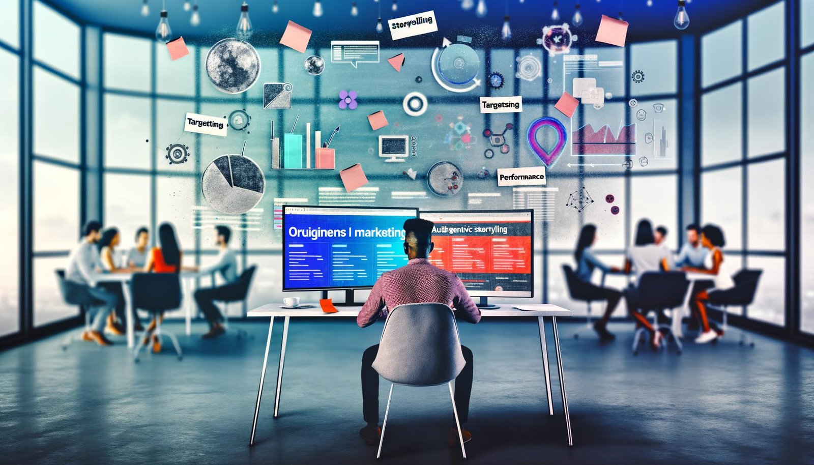 Marketer an Schreibtisch mit zwei Bildschirmen, Quora-Dashboard, nativer Anzeige im Quora-Feed, Sticky Notes zu Storytelling, Targeting und Performance, Kollegen im modernen Office-Hintergrund