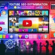Modernes Magazin-Titelbild mit YouTube-Elementen, motivierten Creator*innen, Analyse-Icons, Tools wie TubeBuddy, vidIQ und dem Stichwort 'YouTube SEO Optimisation' im Vordergrund.