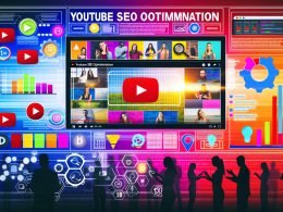 Modernes Magazin-Titelbild mit YouTube-Elementen, motivierten Creator*innen, Analyse-Icons, Tools wie TubeBuddy, vidIQ und dem Stichwort 'YouTube SEO Optimisation' im Vordergrund.