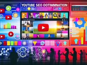 Modernes Magazin-Titelbild mit YouTube-Elementen, motivierten Creator*innen, Analyse-Icons, Tools wie TubeBuddy, vidIQ und dem Stichwort 'YouTube SEO Optimisation' im Vordergrund.