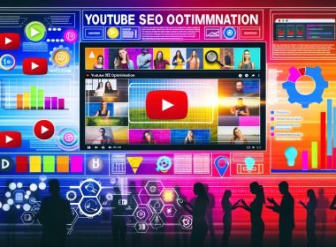 Modernes Magazin-Titelbild mit YouTube-Elementen, motivierten Creator*innen, Analyse-Icons, Tools wie TubeBuddy, vidIQ und dem Stichwort 'YouTube SEO Optimisation' im Vordergrund.