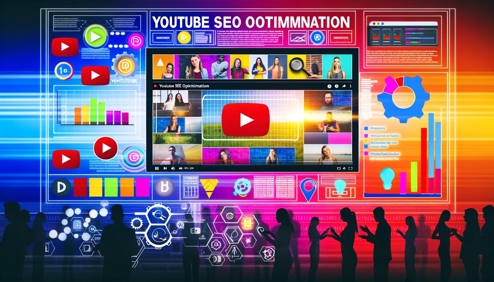 Modernes Magazin-Titelbild mit YouTube-Elementen, motivierten Creator*innen, Analyse-Icons, Tools wie TubeBuddy, vidIQ und dem Stichwort 'YouTube SEO Optimisation' im Vordergrund.