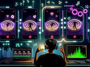 Ein Content-Creator mit Kopfhörern arbeitet vor Ringlicht, Kamera und Laptop, umgeben von leuchtenden Smartphones mit Loop-Videos und Werkzeug-Icons wie CapCut und Premiere Pro vor digitalen TikTok-Logos und Glitch-Effekten.