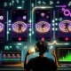 Ein Content-Creator mit Kopfhörern arbeitet vor Ringlicht, Kamera und Laptop, umgeben von leuchtenden Smartphones mit Loop-Videos und Werkzeug-Icons wie CapCut und Premiere Pro vor digitalen TikTok-Logos und Glitch-Effekten.