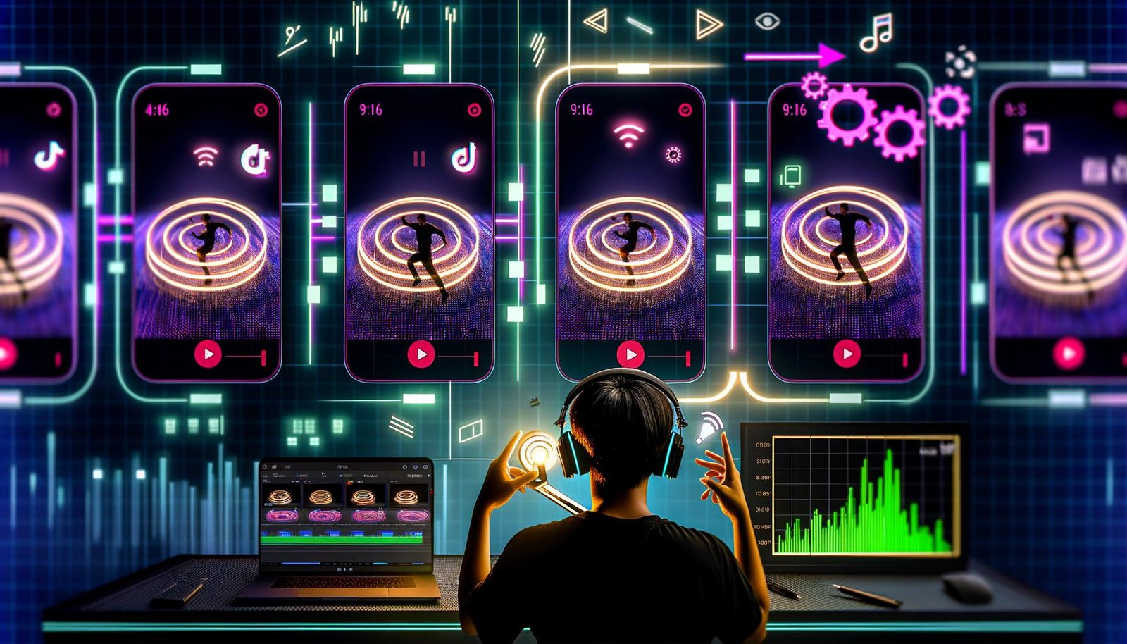 Ein Content-Creator mit Kopfhörern arbeitet vor Ringlicht, Kamera und Laptop, umgeben von leuchtenden Smartphones mit Loop-Videos und Werkzeug-Icons wie CapCut und Premiere Pro vor digitalen TikTok-Logos und Glitch-Effekten.