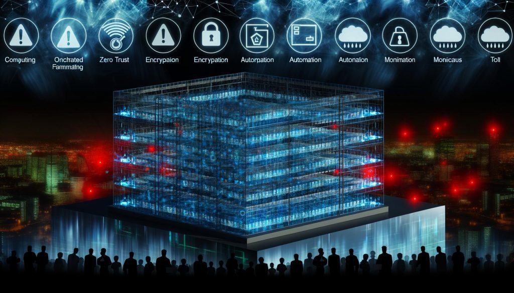 Modernes Rechenzentrum bei Nacht mit transparenter digitaler Festung und leuchtenden Schutzlinien, Menschen arbeiten im Inneren zusammen, außen stürmische Bedrohungen mit roten Warnsymbolen.