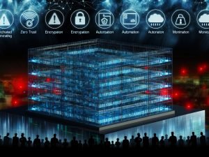 Modernes Rechenzentrum bei Nacht mit transparenter digitaler Festung und leuchtenden Schutzlinien, Menschen arbeiten im Inneren zusammen, außen stürmische Bedrohungen mit roten Warnsymbolen.