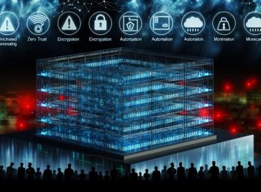 Modernes Rechenzentrum bei Nacht mit transparenter digitaler Festung und leuchtenden Schutzlinien, Menschen arbeiten im Inneren zusammen, außen stürmische Bedrohungen mit roten Warnsymbolen.