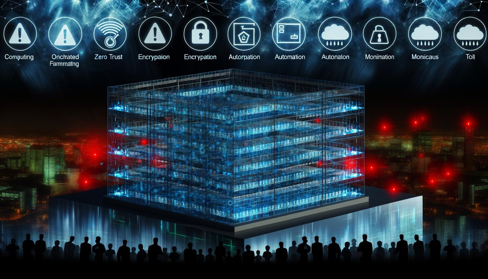Modernes Rechenzentrum bei Nacht mit transparenter digitaler Festung und leuchtenden Schutzlinien, Menschen arbeiten im Inneren zusammen, außen stürmische Bedrohungen mit roten Warnsymbolen.