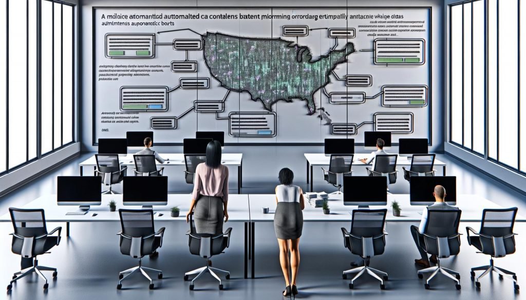 Marketer steuert effizienten automatisierten Content-Workflow in einem futuristischen, digitalen Großraumbüro mit Analytics-Dashboards und Workflow-Map