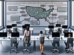 Marketer steuert effizienten automatisierten Content-Workflow in einem futuristischen, digitalen Großraumbüro mit Analytics-Dashboards und Workflow-Map