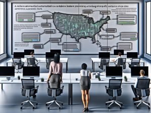 Marketer steuert effizienten automatisierten Content-Workflow in einem futuristischen, digitalen Großraumbüro mit Analytics-Dashboards und Workflow-Map