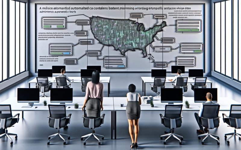 Marketer steuert effizienten automatisierten Content-Workflow in einem futuristischen, digitalen Großraumbüro mit Analytics-Dashboards und Workflow-Map