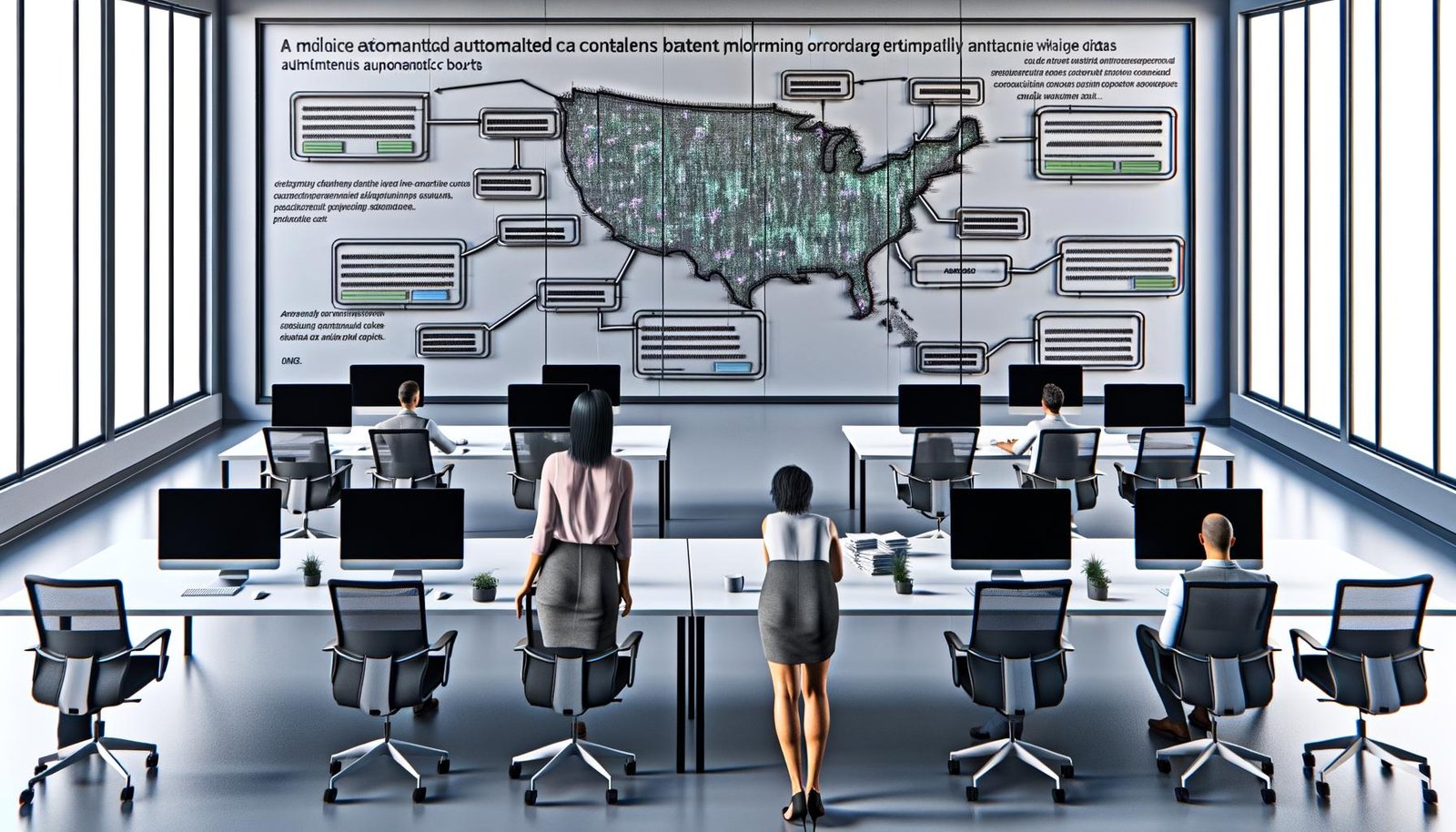 Marketer steuert effizienten automatisierten Content-Workflow in einem futuristischen, digitalen Großraumbüro mit Analytics-Dashboards und Workflow-Map