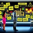 Zwei Marketingexperten analysieren in einem modernen Büro große GA4-Dashboards mit Event-basierten Metriken, individuellen Funnels und BigQuery-Integration, umgeben von Post-its und Warnhinweisen zu Datensampling.