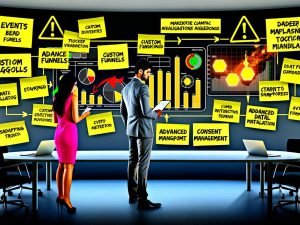 Zwei Marketingexperten analysieren in einem modernen Büro große GA4-Dashboards mit Event-basierten Metriken, individuellen Funnels und BigQuery-Integration, umgeben von Post-its und Warnhinweisen zu Datensampling.