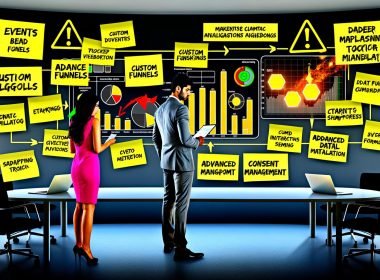 Zwei Marketingexperten analysieren in einem modernen Büro große GA4-Dashboards mit Event-basierten Metriken, individuellen Funnels und BigQuery-Integration, umgeben von Post-its und Warnhinweisen zu Datensampling.