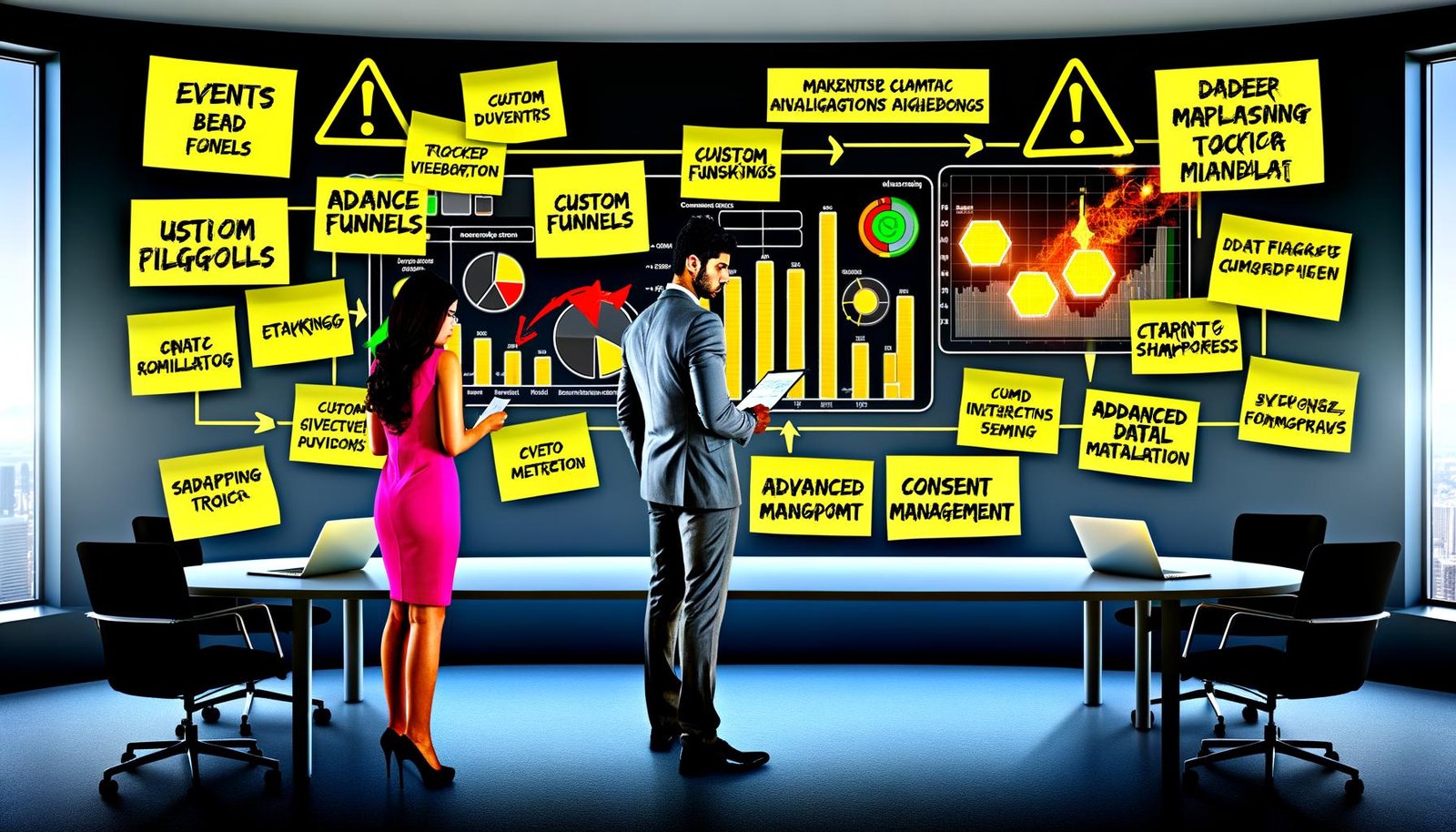 Zwei Marketingexperten analysieren in einem modernen Büro große GA4-Dashboards mit Event-basierten Metriken, individuellen Funnels und BigQuery-Integration, umgeben von Post-its und Warnhinweisen zu Datensampling.