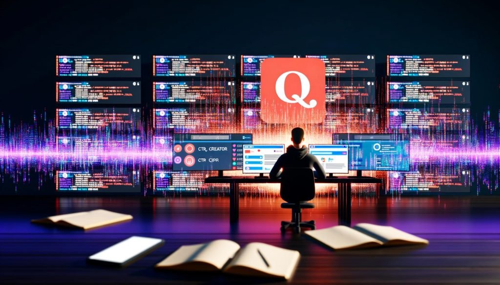 Person im Halbdunkel vor Bildschirmen mit Quora-Logo, Creator-Dashboard und Metrik-Dashboards, dazu offene Notizblätter und Smartphone, digitale Datenströme und roter Akzent.