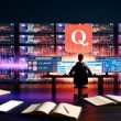 Person im Halbdunkel vor Bildschirmen mit Quora-Logo, Creator-Dashboard und Metrik-Dashboards, dazu offene Notizblätter und Smartphone, digitale Datenströme und roter Akzent.