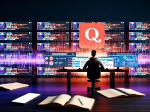 Person im Halbdunkel vor Bildschirmen mit Quora-Logo, Creator-Dashboard und Metrik-Dashboards, dazu offene Notizblätter und Smartphone, digitale Datenströme und roter Akzent.