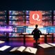 Person im Halbdunkel vor Bildschirmen mit Quora-Logo, Creator-Dashboard und Metrik-Dashboards, dazu offene Notizblätter und Smartphone, digitale Datenströme und roter Akzent.
