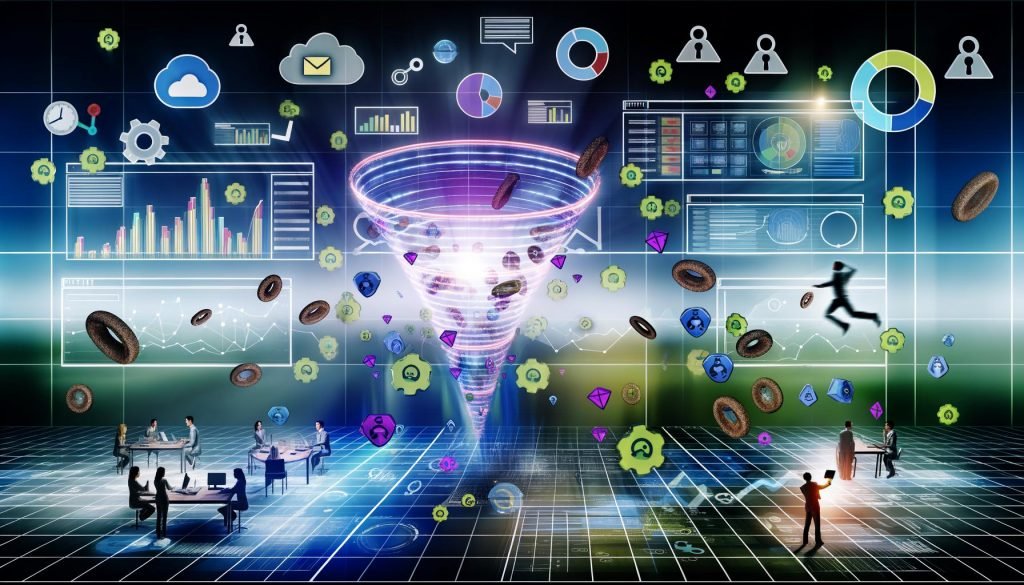 Marketer analysieren ein digitales Dashboard mit Conversion-Trichter, Diagrammen, Datenschutzsymbolen wie Schloss und Haken sowie Icons für Cookies und Tags.