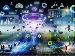 Marketer analysieren ein digitales Dashboard mit Conversion-Trichter, Diagrammen, Datenschutzsymbolen wie Schloss und Haken sowie Icons für Cookies und Tags.