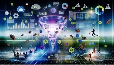 Marketer analysieren ein digitales Dashboard mit Conversion-Trichter, Diagrammen, Datenschutzsymbolen wie Schloss und Haken sowie Icons für Cookies und Tags.