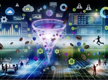 Marketer analysieren ein digitales Dashboard mit Conversion-Trichter, Diagrammen, Datenschutzsymbolen wie Schloss und Haken sowie Icons für Cookies und Tags.