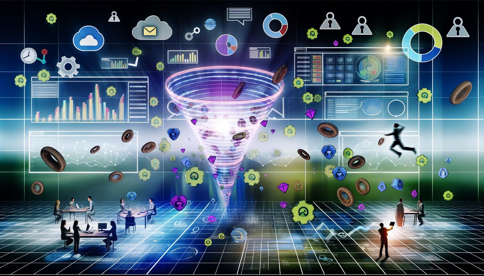 Marketer analysieren ein digitales Dashboard mit Conversion-Trichter, Diagrammen, Datenschutzsymbolen wie Schloss und Haken sowie Icons für Cookies und Tags.