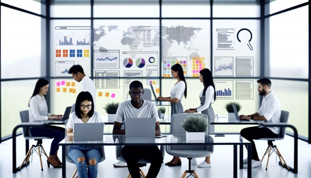 Junges, diverses Team von SEO-Spezialisten arbeitet konzentriert an Laptops vor Monitoren mit SEO-Daten und Traffic-Kurven in einem modernen, hellen Büro mit Glaswand und Notizzetteln.