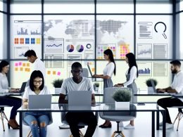 Junges, diverses Team von SEO-Spezialisten arbeitet konzentriert an Laptops vor Monitoren mit SEO-Daten und Traffic-Kurven in einem modernen, hellen Büro mit Glaswand und Notizzetteln.