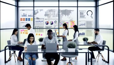 Junges, diverses Team von SEO-Spezialisten arbeitet konzentriert an Laptops vor Monitoren mit SEO-Daten und Traffic-Kurven in einem modernen, hellen Büro mit Glaswand und Notizzetteln.