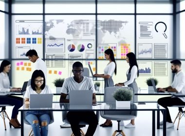 Junges, diverses Team von SEO-Spezialisten arbeitet konzentriert an Laptops vor Monitoren mit SEO-Daten und Traffic-Kurven in einem modernen, hellen Büro mit Glaswand und Notizzetteln.