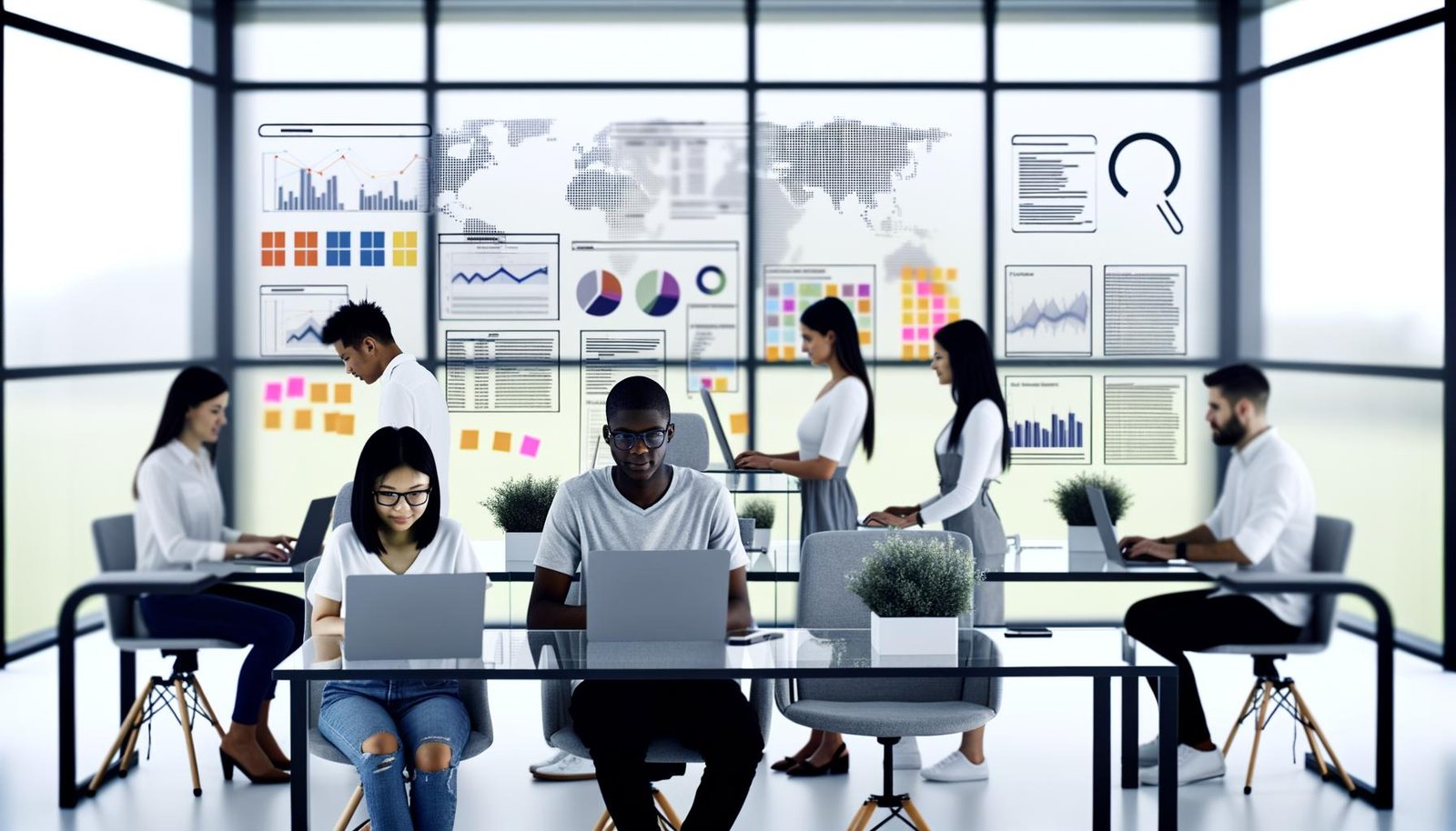Junges, diverses Team von SEO-Spezialisten arbeitet konzentriert an Laptops vor Monitoren mit SEO-Daten und Traffic-Kurven in einem modernen, hellen Büro mit Glaswand und Notizzetteln.