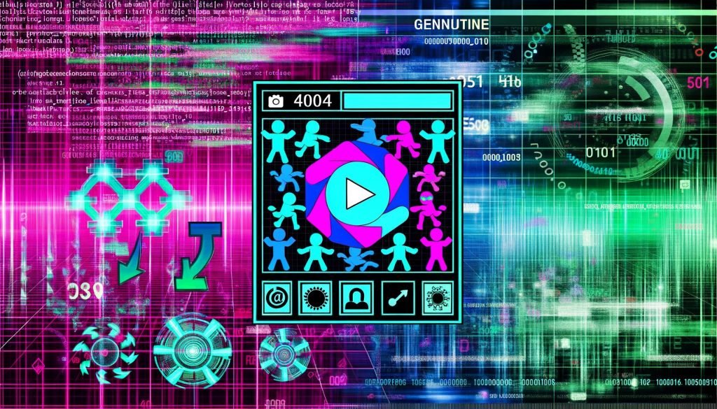 Modernes Titelbild mit verschlüsselter TikTok-App, Meme-Avataren, Hashtags, Algorithmus-Zahlen und bunten Datenströmen vor holografischen Charts und glimmenden Codezeilen