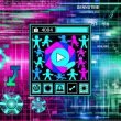 Modernes Titelbild mit verschlüsselter TikTok-App, Meme-Avataren, Hashtags, Algorithmus-Zahlen und bunten Datenströmen vor holografischen Charts und glimmenden Codezeilen