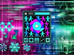 Modernes Titelbild mit verschlüsselter TikTok-App, Meme-Avataren, Hashtags, Algorithmus-Zahlen und bunten Datenströmen vor holografischen Charts und glimmenden Codezeilen