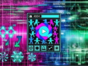 Modernes Titelbild mit verschlüsselter TikTok-App, Meme-Avataren, Hashtags, Algorithmus-Zahlen und bunten Datenströmen vor holografischen Charts und glimmenden Codezeilen