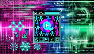 Modernes Titelbild mit verschlüsselter TikTok-App, Meme-Avataren, Hashtags, Algorithmus-Zahlen und bunten Datenströmen vor holografischen Charts und glimmenden Codezeilen
