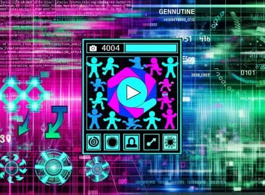 Modernes Titelbild mit verschlüsselter TikTok-App, Meme-Avataren, Hashtags, Algorithmus-Zahlen und bunten Datenströmen vor holografischen Charts und glimmenden Codezeilen