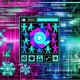 Modernes Titelbild mit verschlüsselter TikTok-App, Meme-Avataren, Hashtags, Algorithmus-Zahlen und bunten Datenströmen vor holografischen Charts und glimmenden Codezeilen