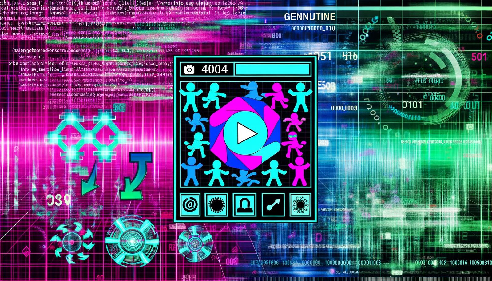 Modernes Titelbild mit verschlüsselter TikTok-App, Meme-Avataren, Hashtags, Algorithmus-Zahlen und bunten Datenströmen vor holografischen Charts und glimmenden Codezeilen