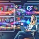 Marketing-Expertin im futuristischen Büro mit Laptop, KI-Symbolen, Datenströmen und bekannten Marketing-Tools wie Salesforce und HubSpot auf Bildschirmen