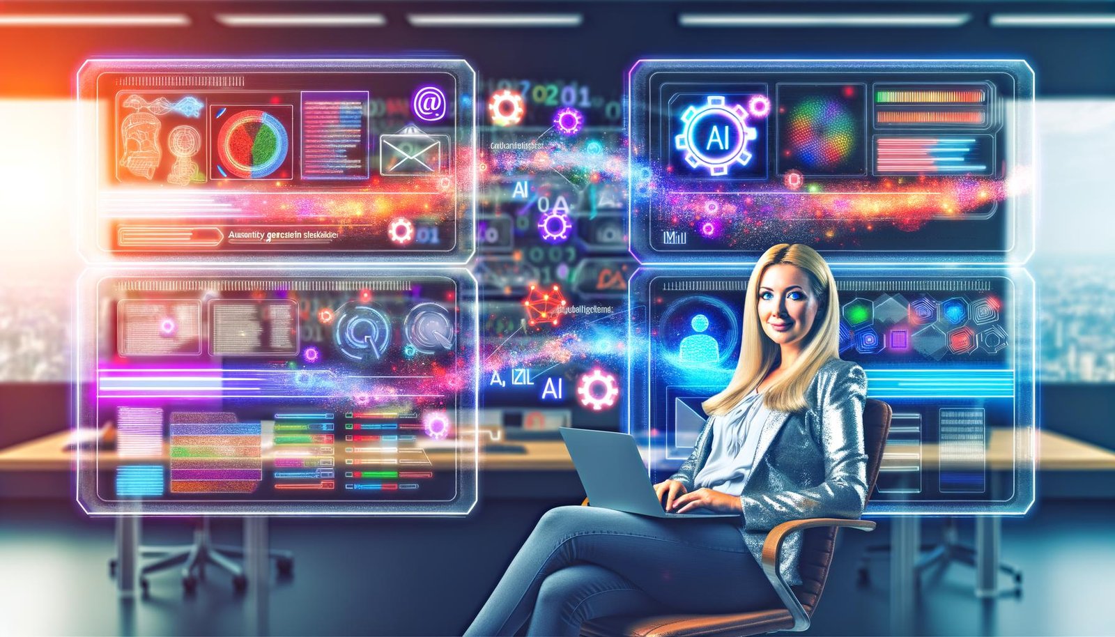 Marketing-Expertin im futuristischen Büro mit Laptop, KI-Symbolen, Datenströmen und bekannten Marketing-Tools wie Salesforce und HubSpot auf Bildschirmen